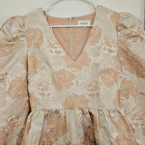 NWT Aura by Red Dress Shiny Cream/Pink Fit & Flare Tiered Mini Dress Size S - Picture 3 of 9